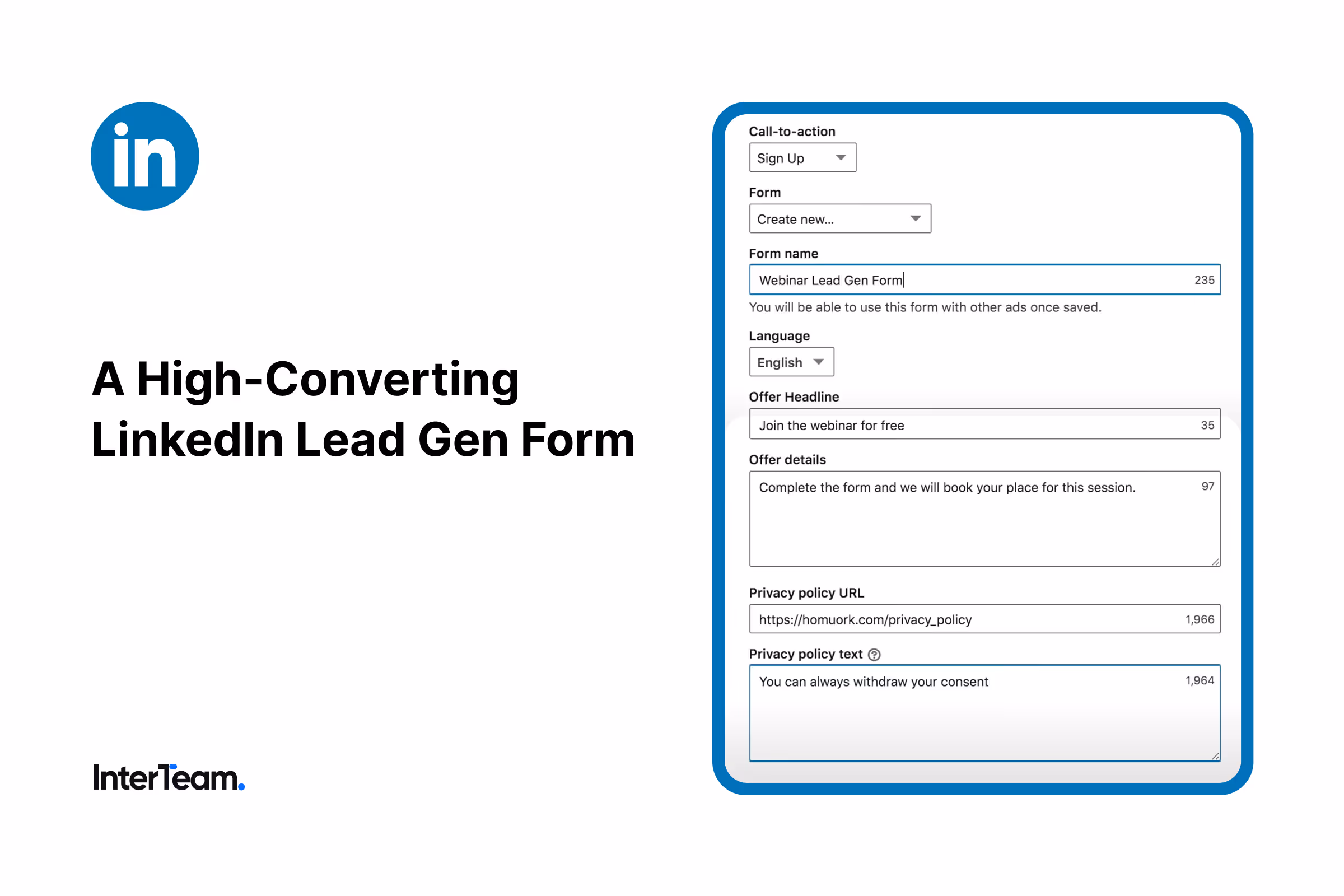 LinkedIn Lead Gen Form setup screen with fields and privacy policy URL.