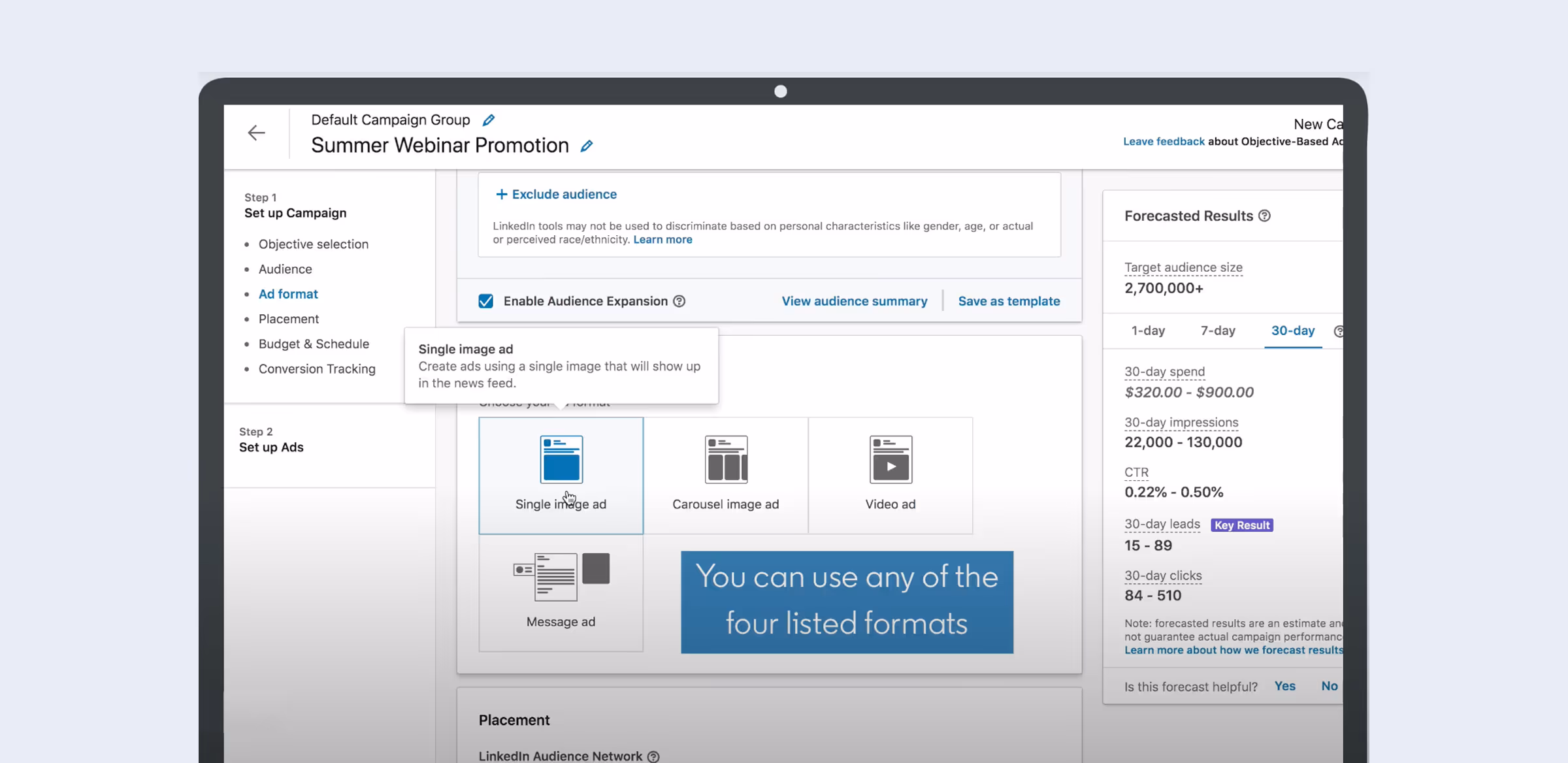 LinkedIn Campaign Manager ad setup showing single image, carousel, video, and message ads.