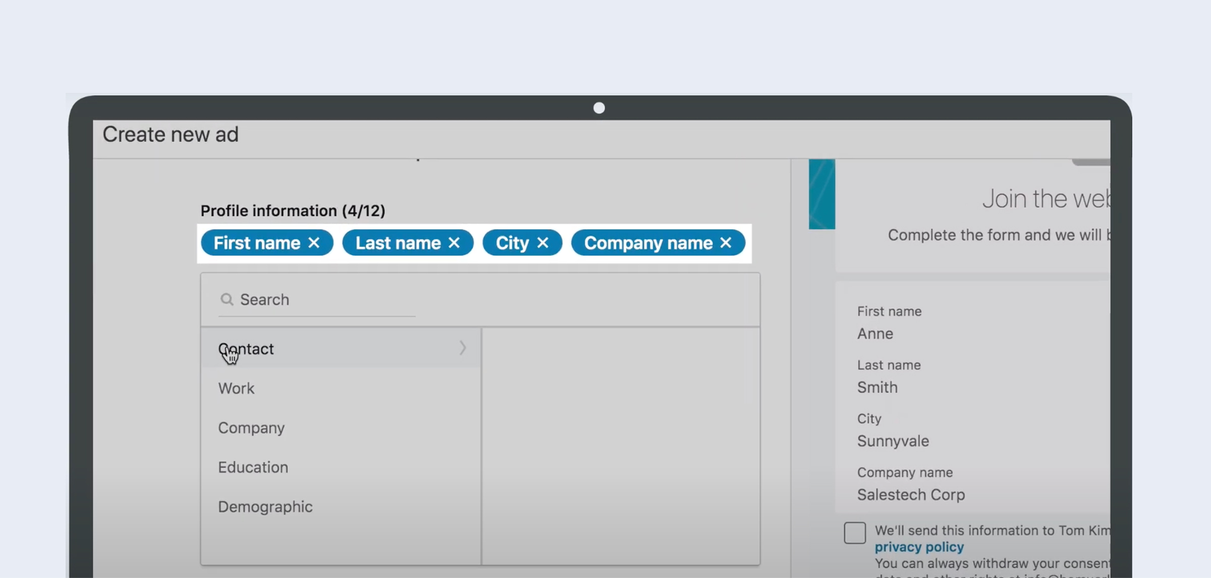 LinkedIn lead generation form setup with contact, work, company, education, and demographic fields.