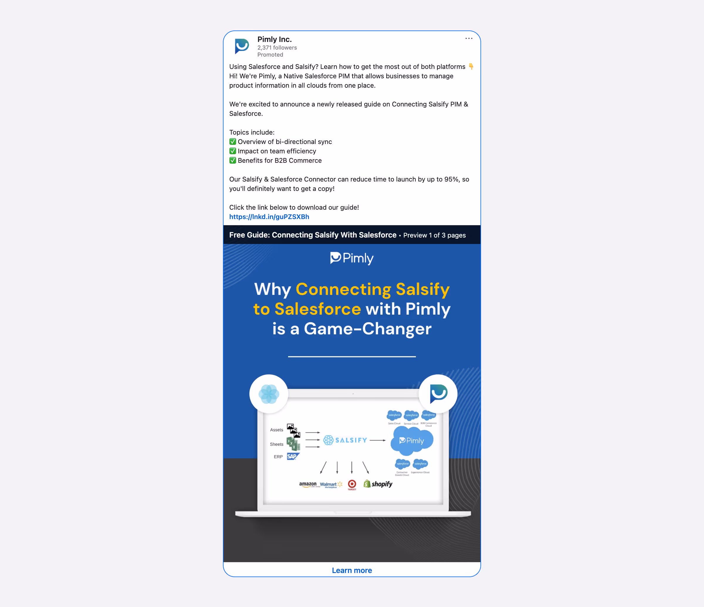 Pimly sponsored content ad promoting a Salesforce guide with a lead gen form