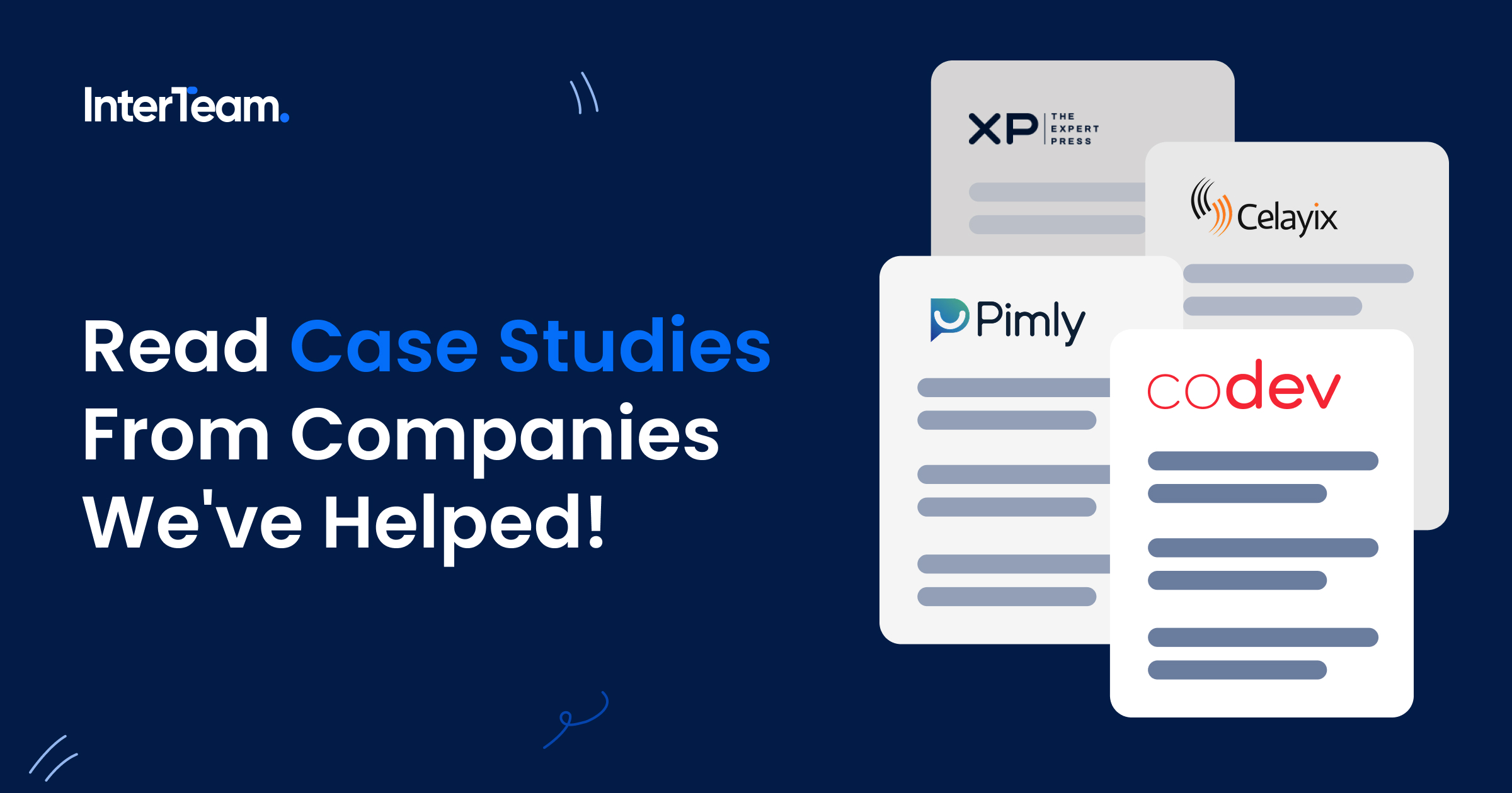InterTeam case study graphic showing client logos Pimly, Celayix, XP, and CoDev.