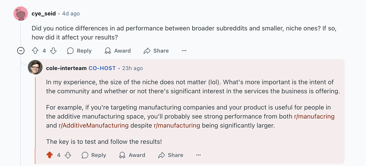 Reddit Ads AMA question and answer on different ad performances between broader subreddits vs niche subreddits.