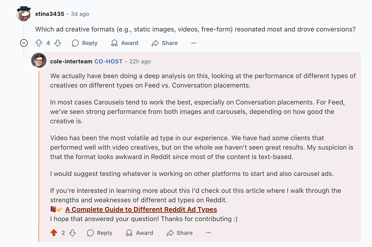 Text: Reddit Ads AMA Question and Answer on the top performing creative types for Reddit Ads