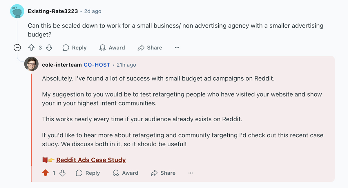 Reddit Ads AMA question and answer: "Do Reddit Ads work for small businesses/non-advertising agencies with smaller budgets?