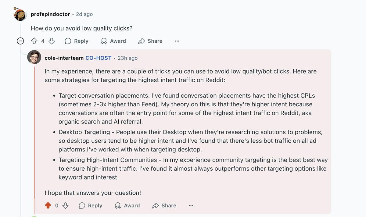 Reddit Ads AMA question and answer on how to avoid low quality clicks.