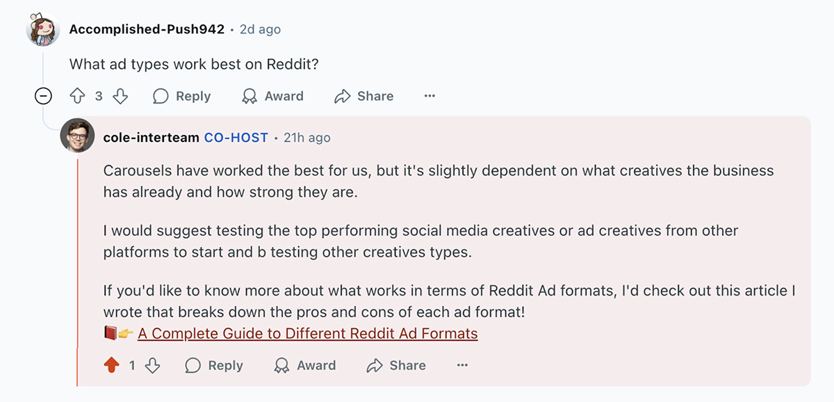 Reddit Ads AMA question and answer on which ad types work best on Reddit.