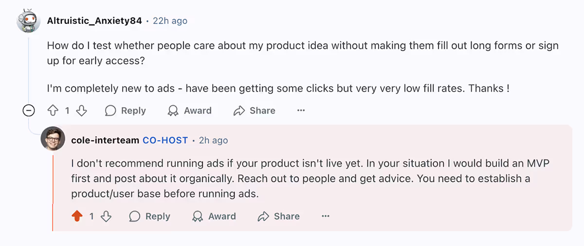 Reddit Ads AMA question and answer on how to test interest for a product idea on Reddit.