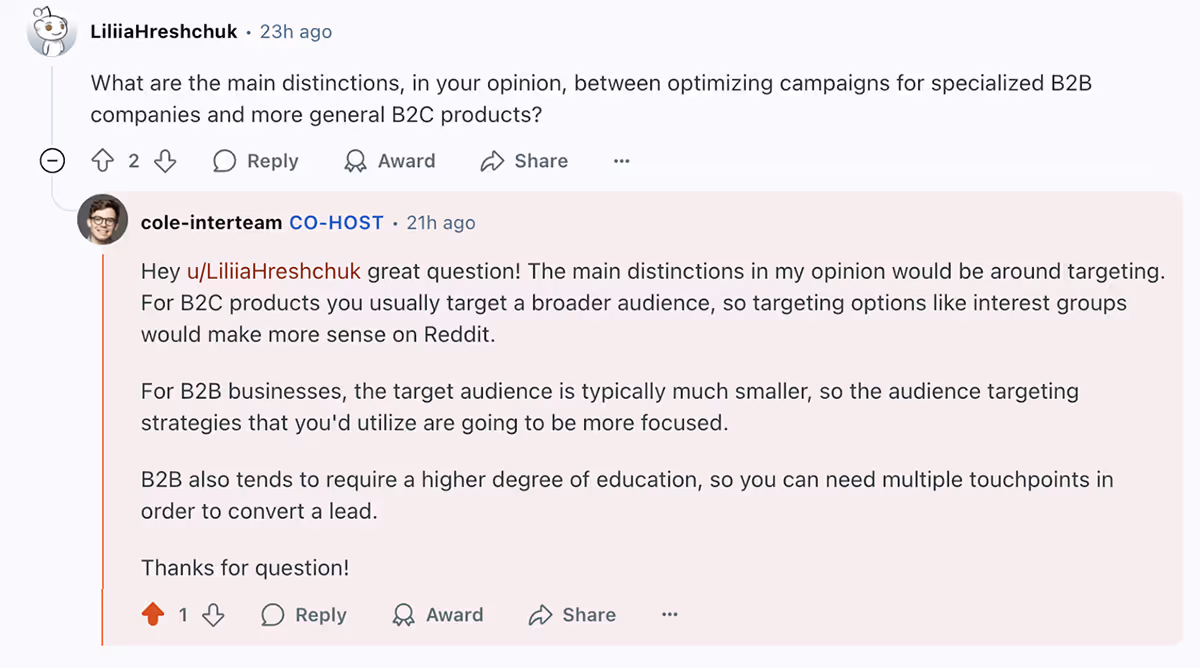Reddit Ads AMA question and answer on running Reddit Ads for specialized B2B companies vs. general B2C products.