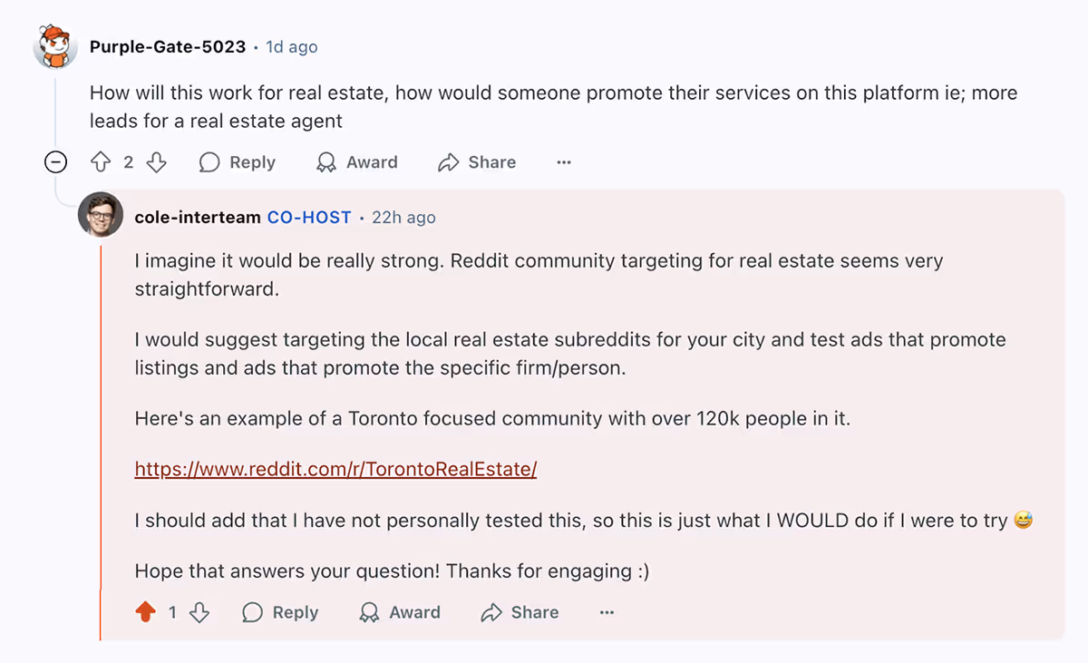 Reddit Ads AMA question and answer on how to use Reddit Ads as a real estate agent.