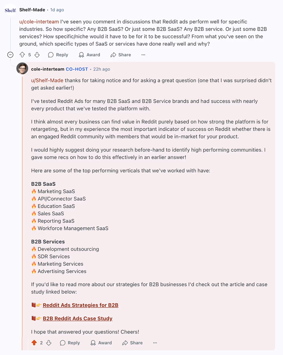 Reddit Ads AMA question and answer about which industries work best with Reddit Ads.