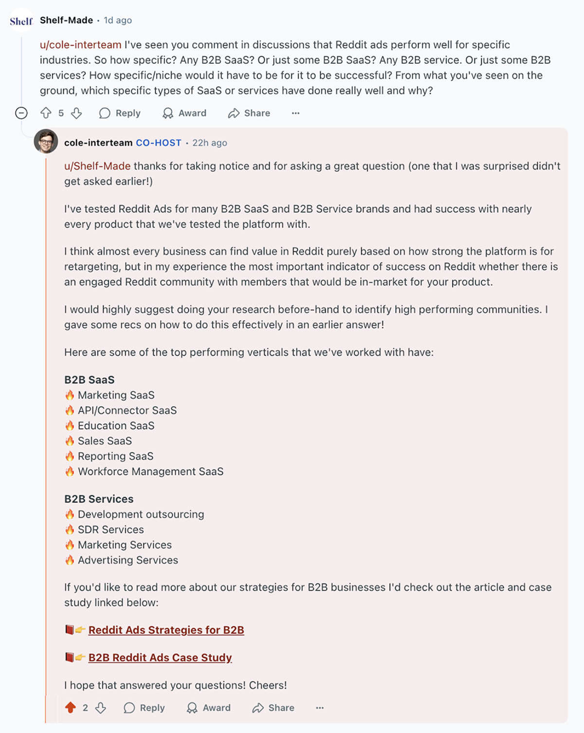 Reddit Ads AMA question and answer about which industries work best with Reddit Ads.