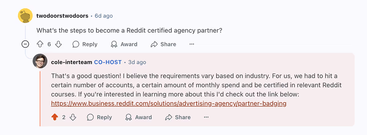 Reddit AMA question on how to become a Certified Reddit Ads Agency Partner.
