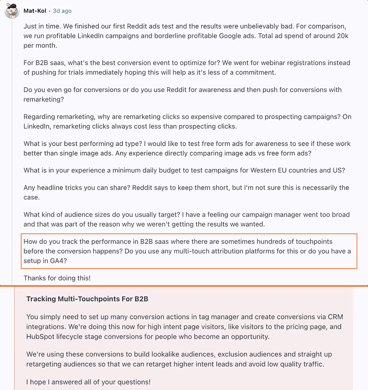 Question and answer posts from a Reddit Ads AMA on how to set up multi-touchpoint conversion tracking in reddit ads