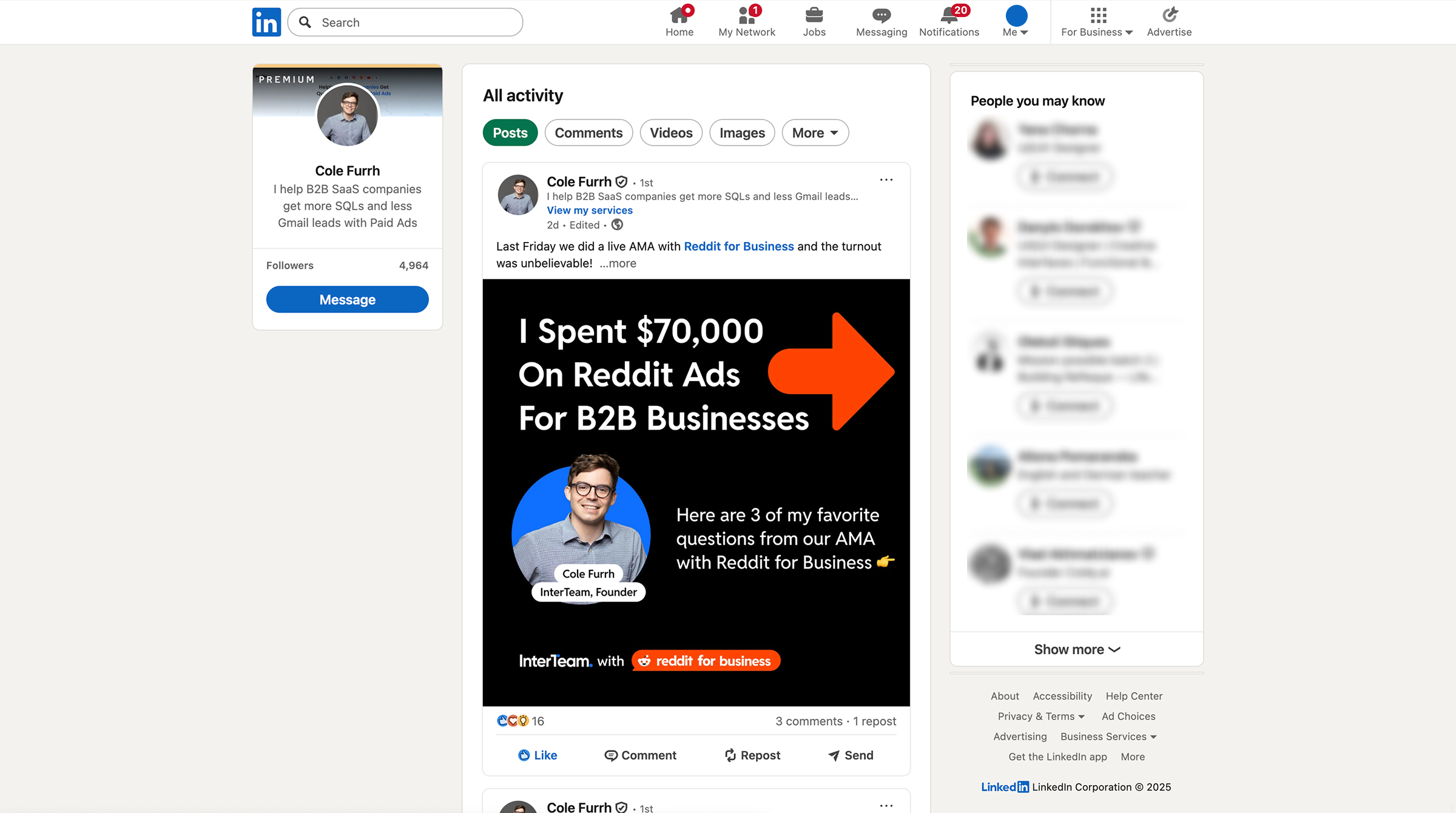 LinkedIn post by Cole Furrh about $70K spent on Reddit Ads.