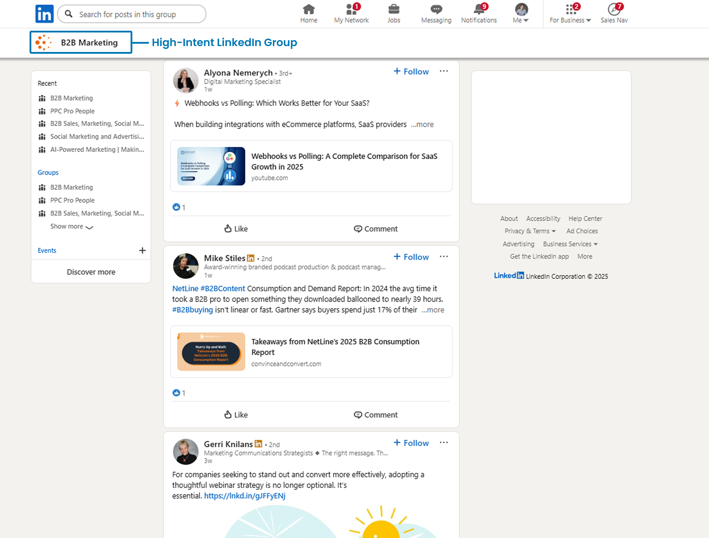 High-intent LinkedIn Group for B2B marketing showing member posts and engagement.