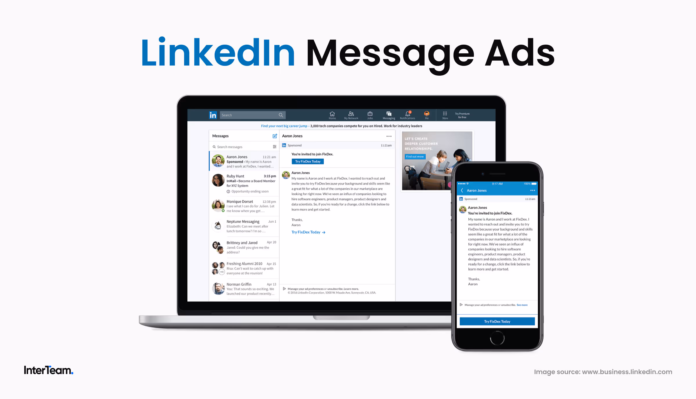 LinkedIn Message Ads shown on desktop and mobile for potential customers.