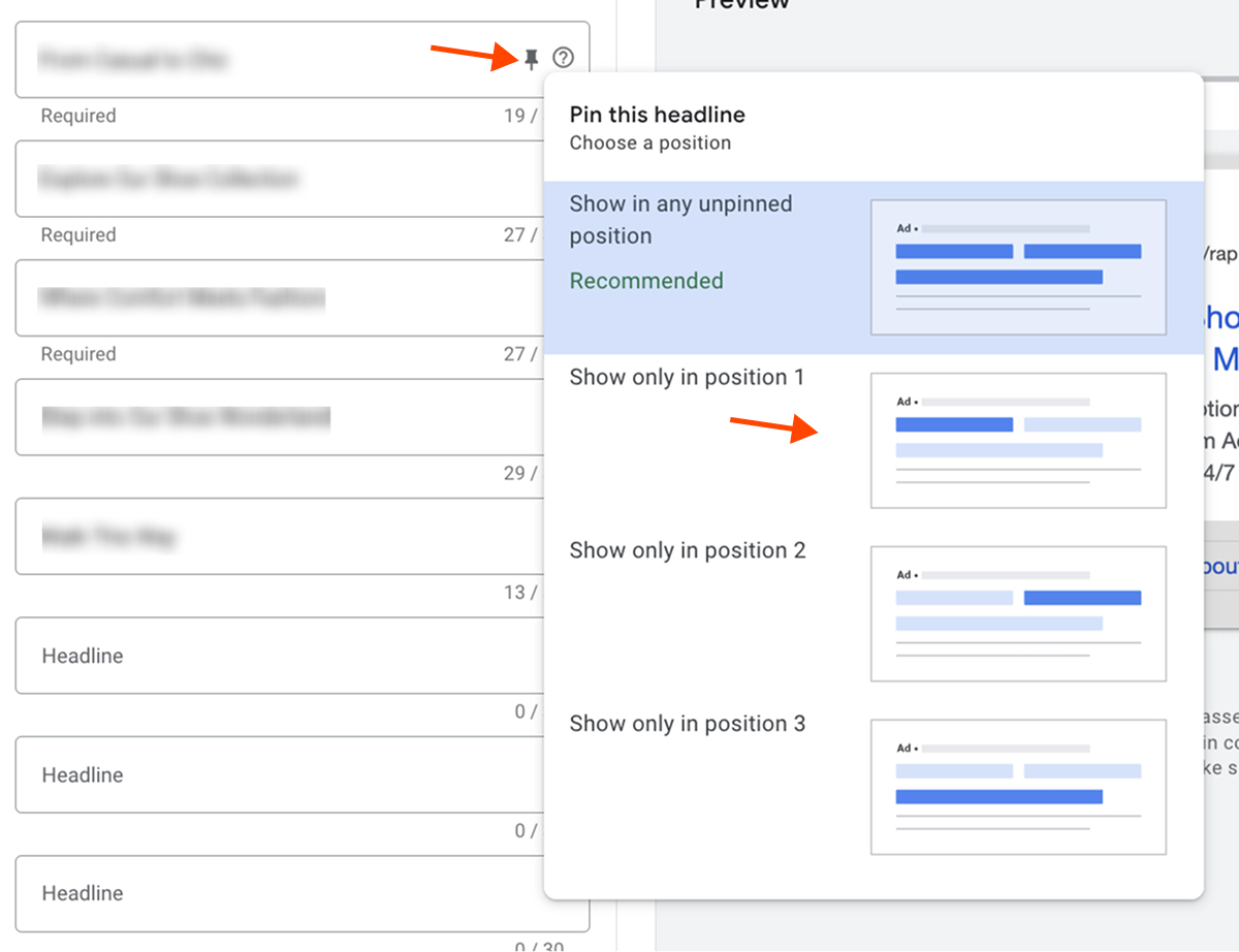 Google Ads interface pinning ad copy headlines in responsive search ads.