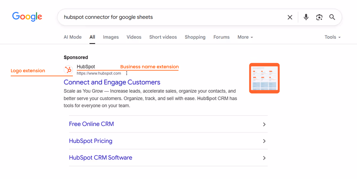 Logo and business name extensions in a Google search ad.