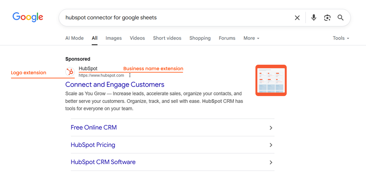 Logo and business name extensions in a Google search ad.