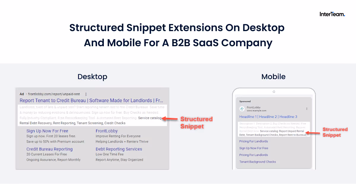 B2B Google Ad Copy examples of Structured Snippet Extensions on Desktop and Mobile
