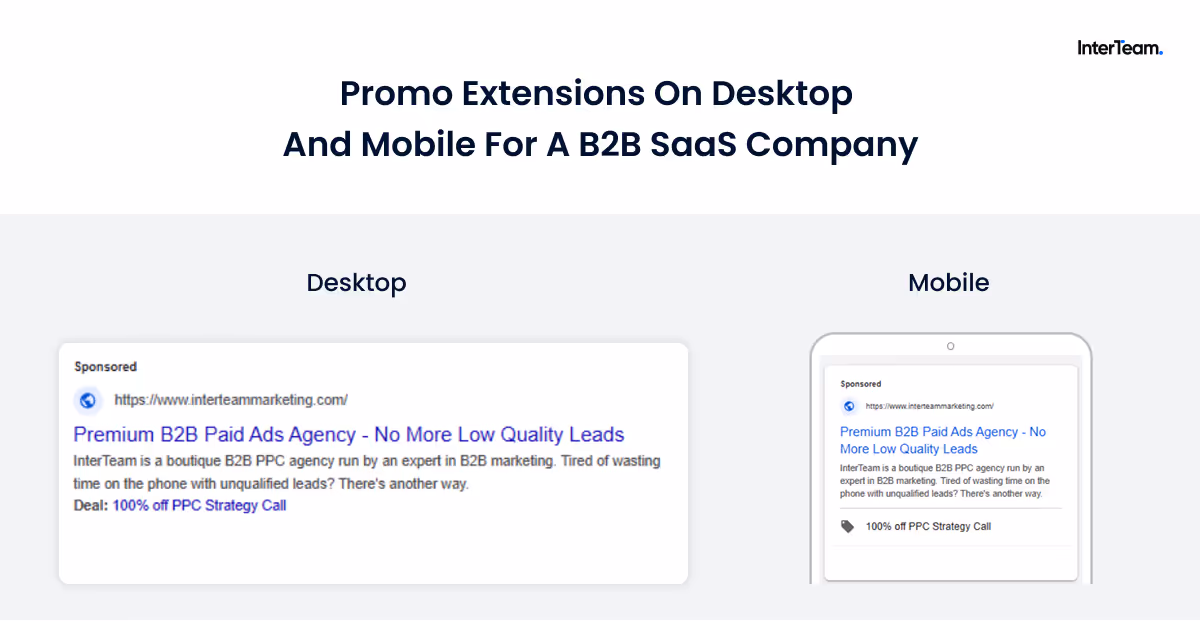 Promo extension showing discount offer in Google Ads.