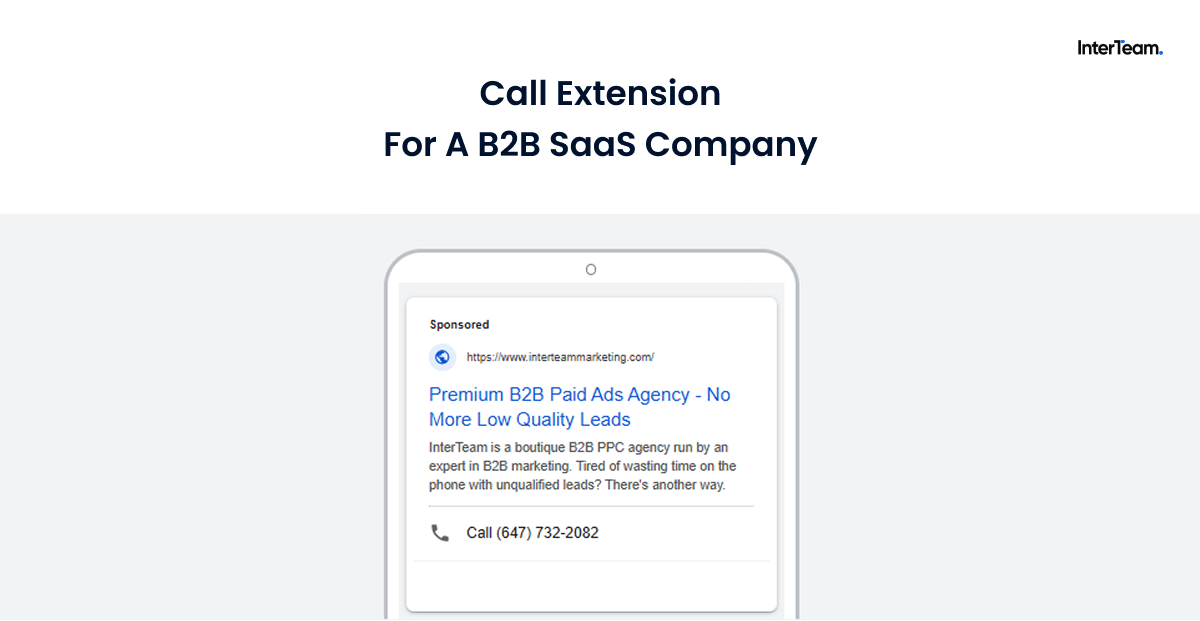 Call extension in PPC ad copy with phone number link.