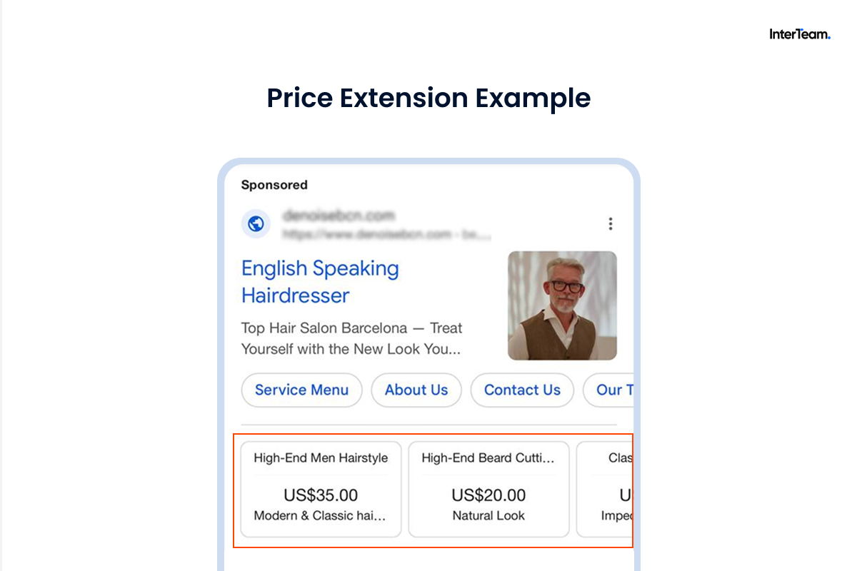 Price extension cards showing services and costs in Google Ads.