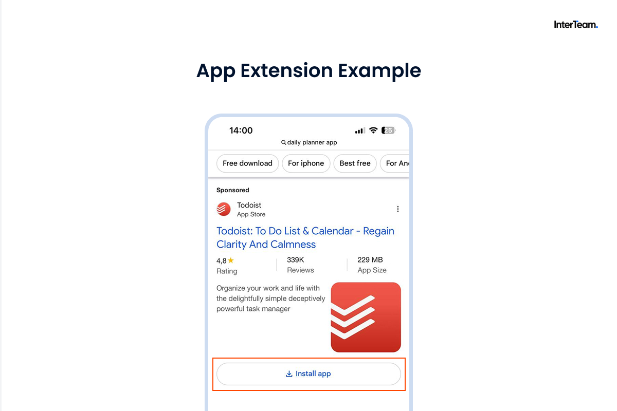 Mobile app extension in a Google Ads search campaign.