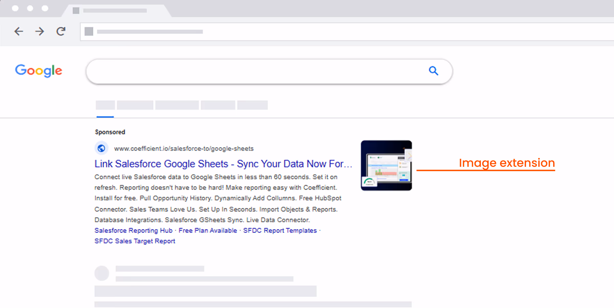 Google Ads image extension with product screenshot.