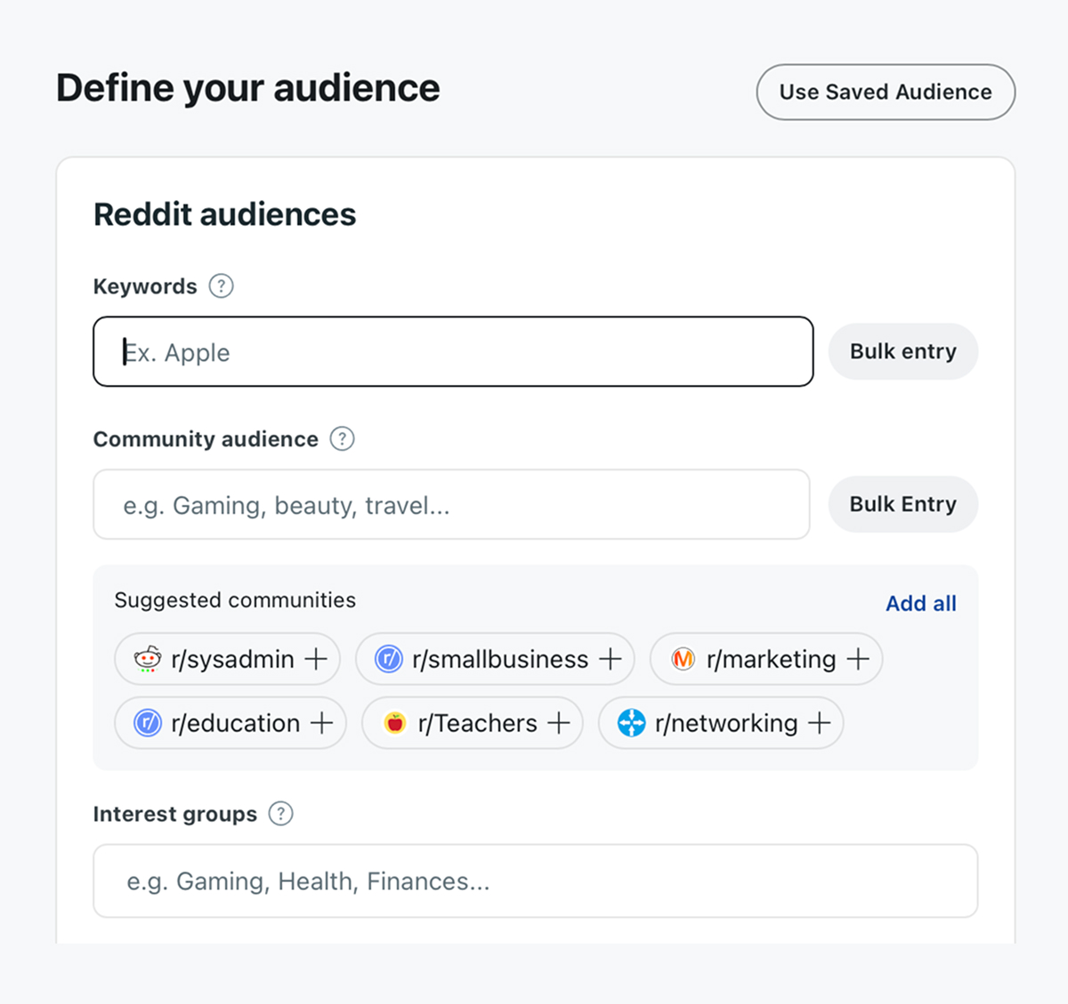 Reddit audience targeting with keywords, subreddits, and recommendations.