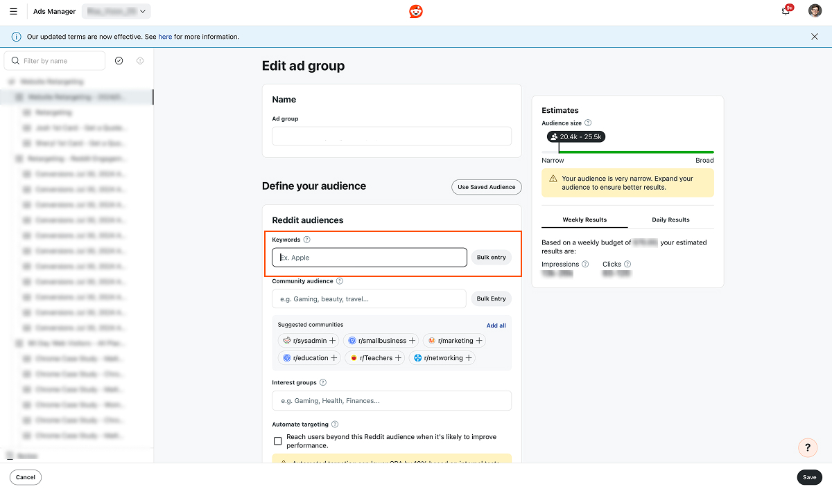Ad group editor in Reddit Ads with keyword targeting field highlighted.