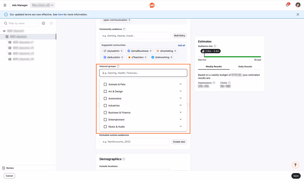 Expanded interest group categories available for targeting.