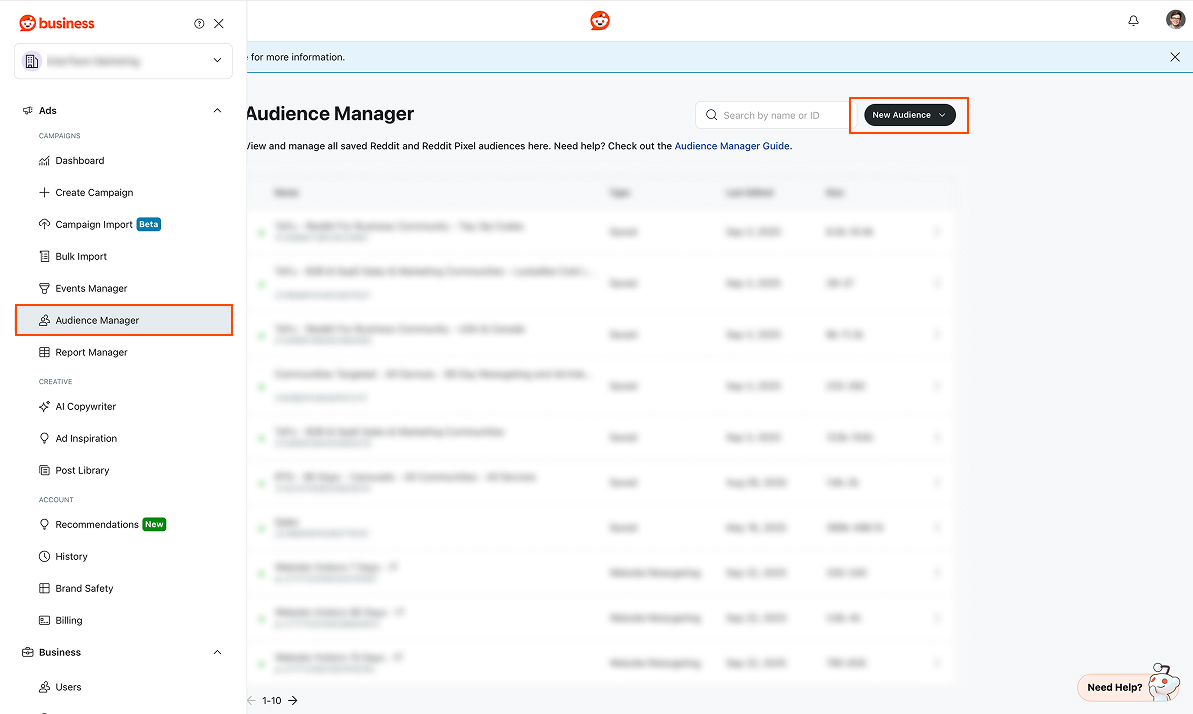 Starting a new audience in Reddit Ads Manager.