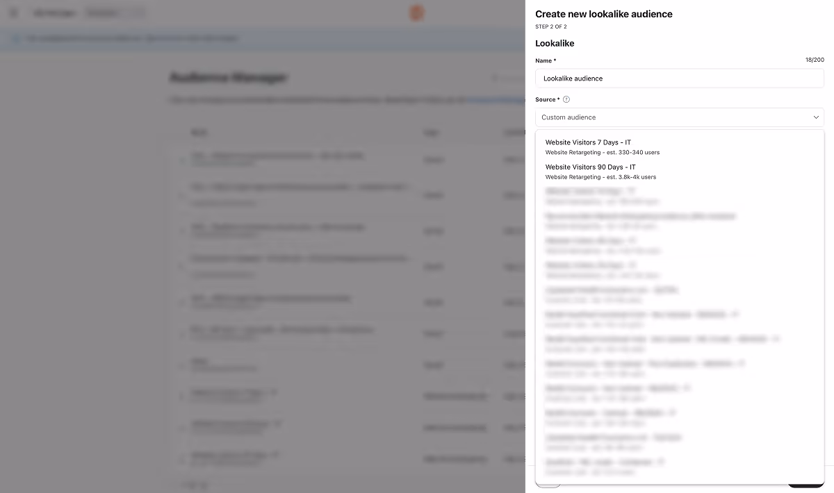 Lookalike audience creation screen showing seed audience options.