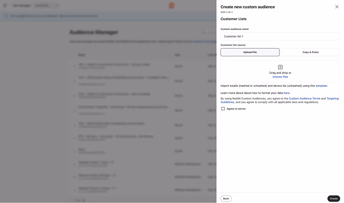 Audience Manager interface showing customer list upload in Reddit Ads.
