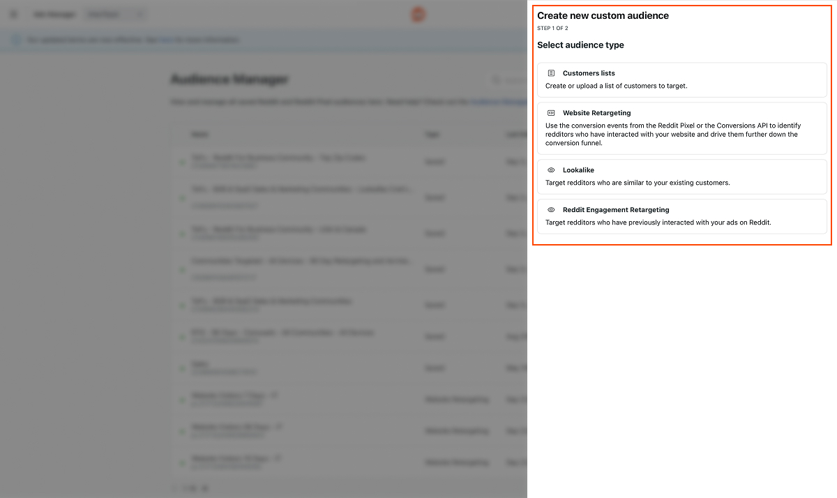 Audience Manager dashboard with New Audience button highlighted.