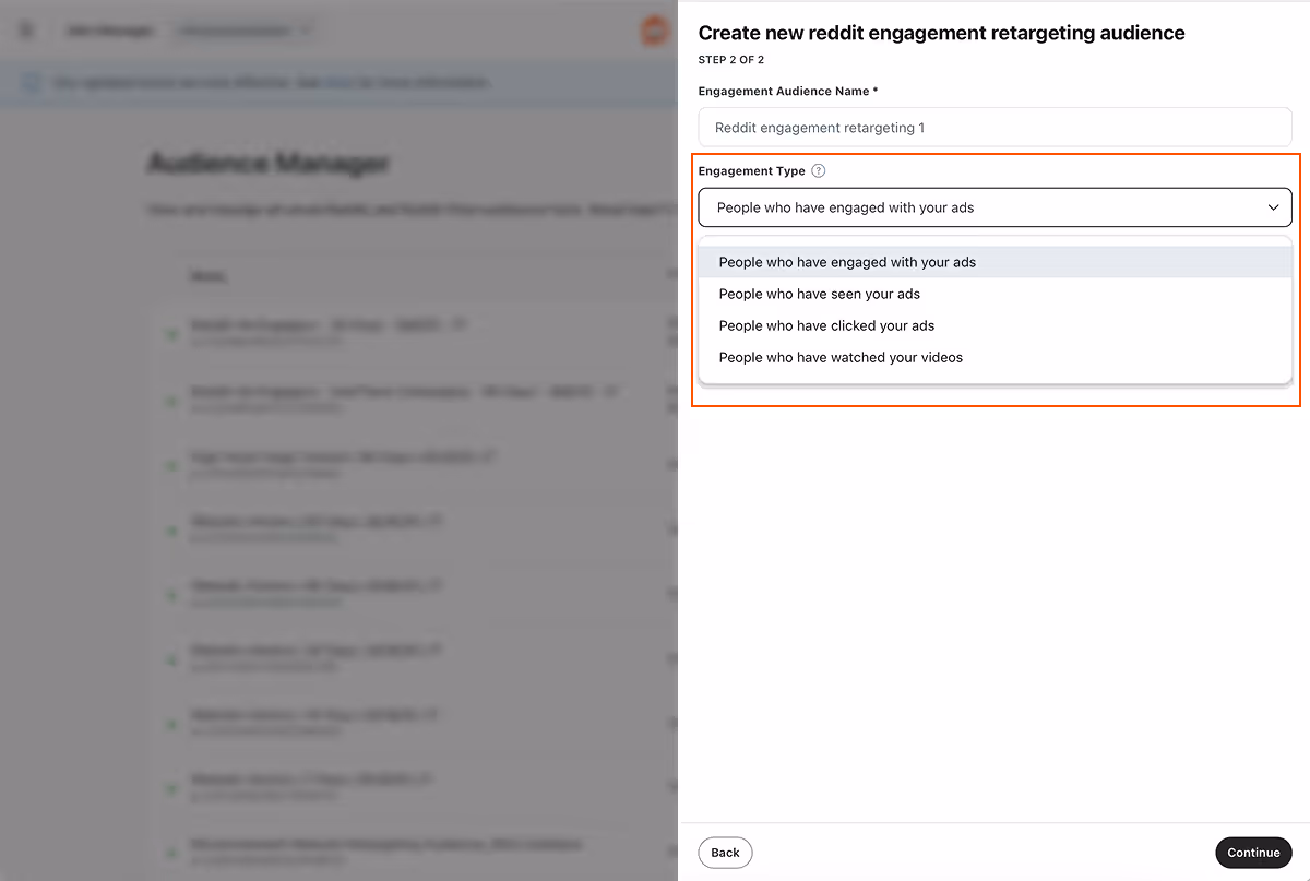 Reddit Ads Audience Manager engagement retargeting options