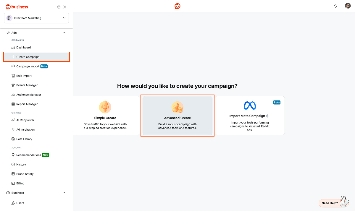 Campaign creation screen showing Simple Create, Advanced Create, and Import Meta Campaign.