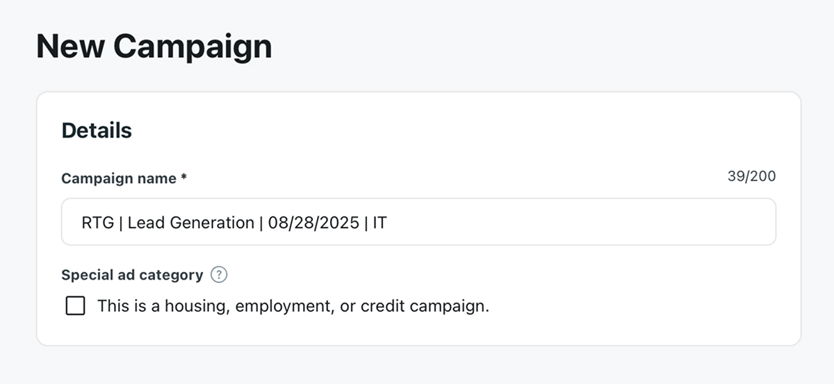 Campaign name field with RTG and InterTeam date format.