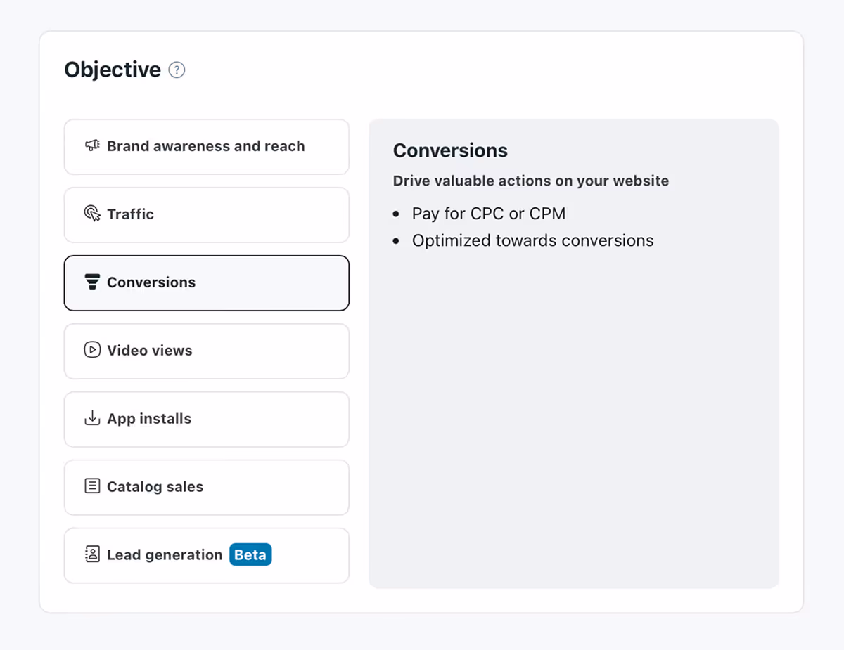 Campaign objectives menu with Conversions selected.