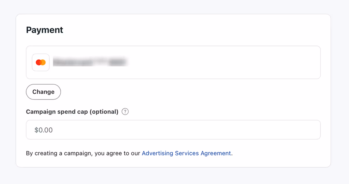 Payment settings with credit card and optional spend cap box.