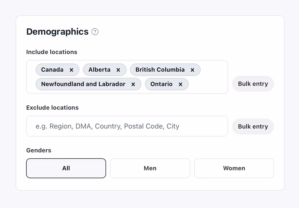 Demographics panel with Canadian provinces and gender filters.