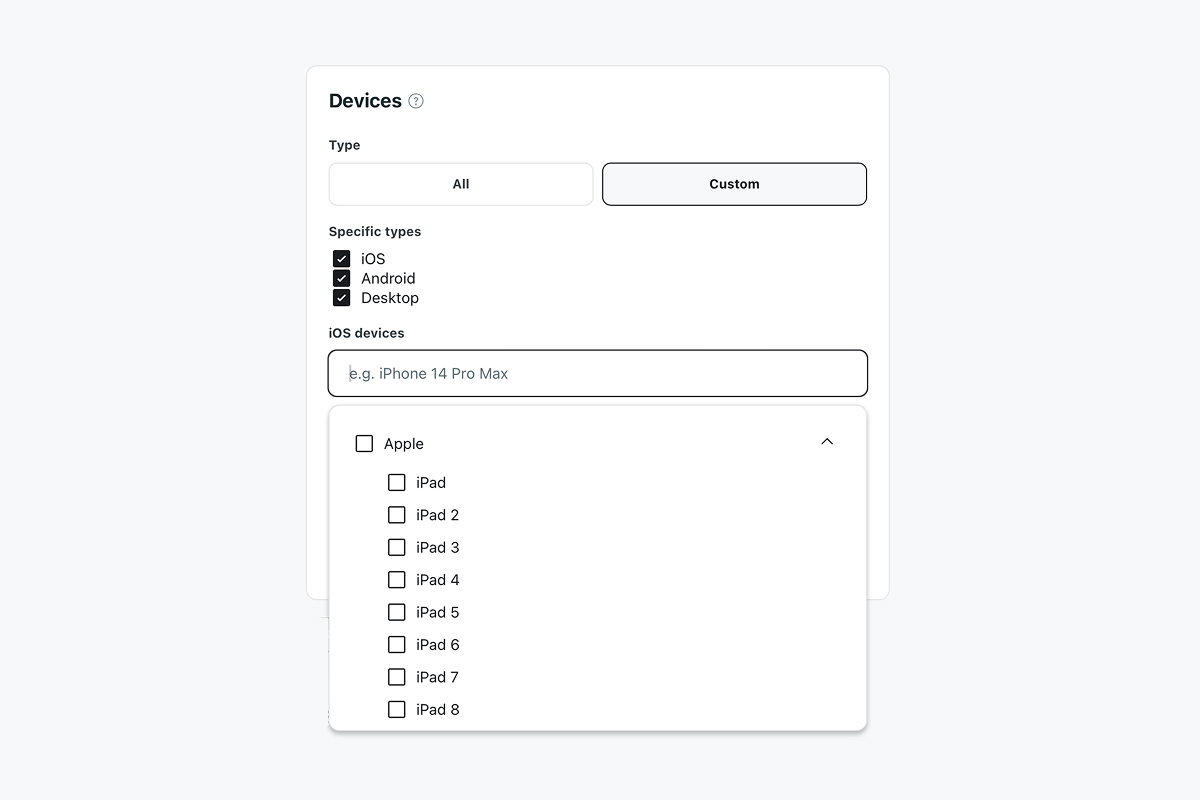 Device targeting menu with iOS, Android, and Desktop options.