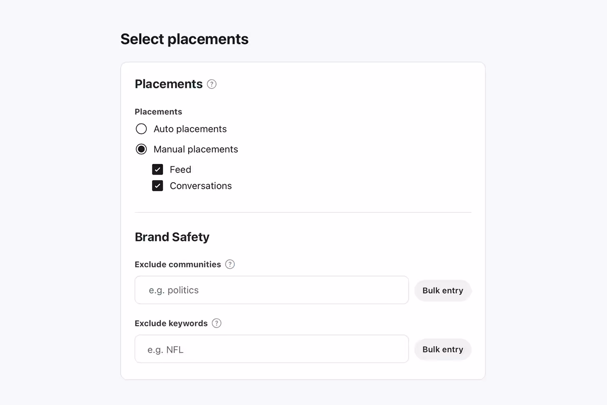 Placement options with Feed and Conversation posts plus subreddit exclusions.