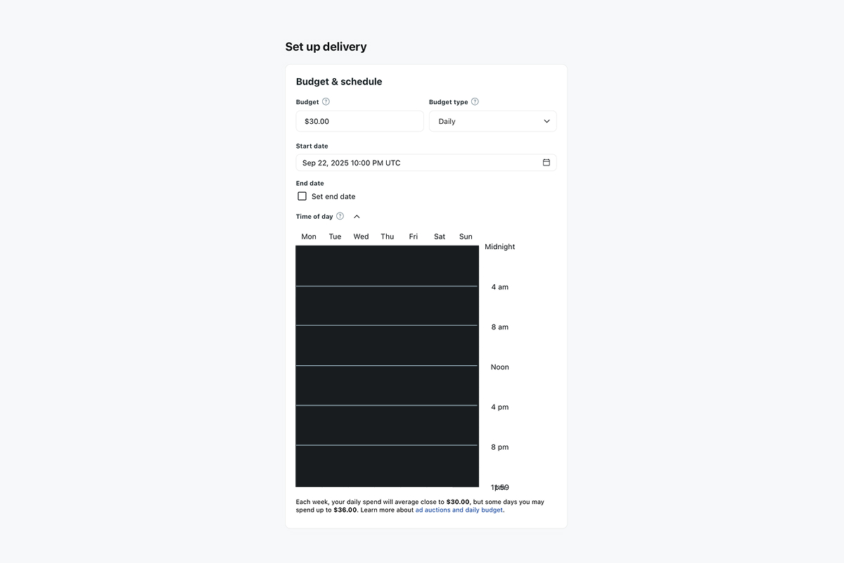 Budget and schedule box showing $30 daily budget and delivery hours.