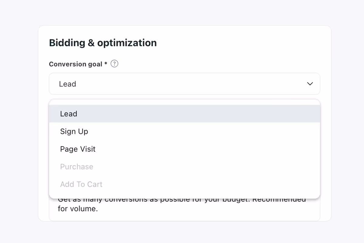 Conversion goal dropdown with options like Lead, Sign Up, and Page Visit.
