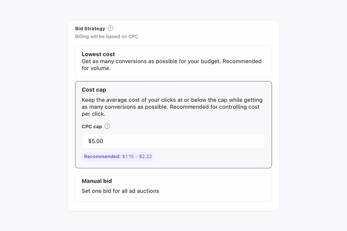 Reddit Ads bidding strategies with Lowest Cost, Cost Cap, and Manual Bid.