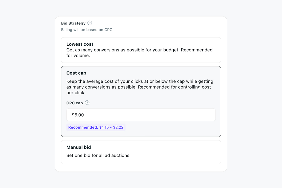 Reddit Ads bidding strategies with Lowest Cost, Cost Cap, and Manual Bid.