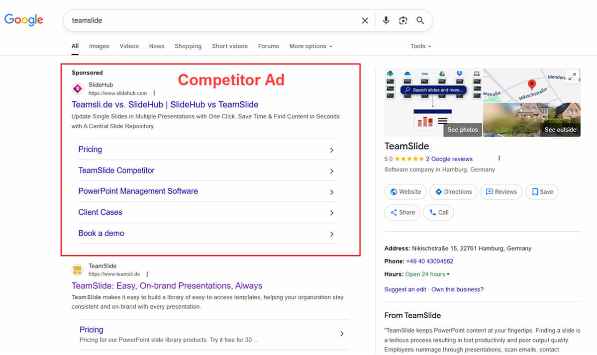 Google search showing SlideHub ad above TeamSlide.
