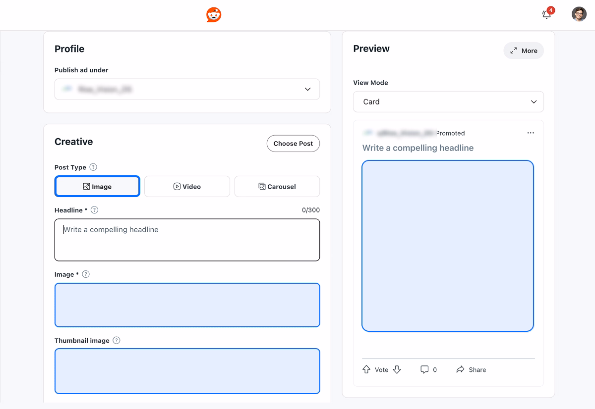Reddit Ads creative field.
